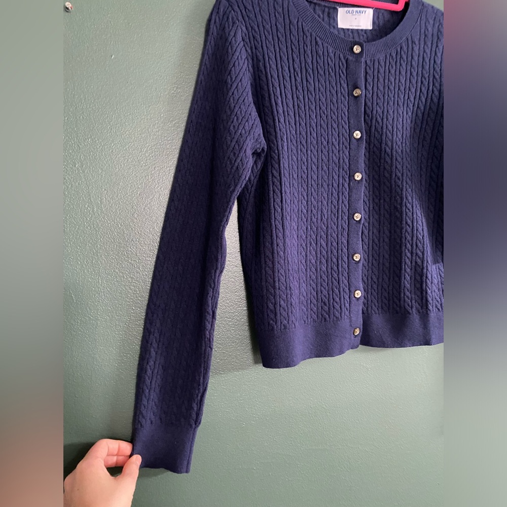 NWT cable knit cardigan Old Navy SoSoft Dark Blue Sweater braided twist cropped - Picture 12 of 14